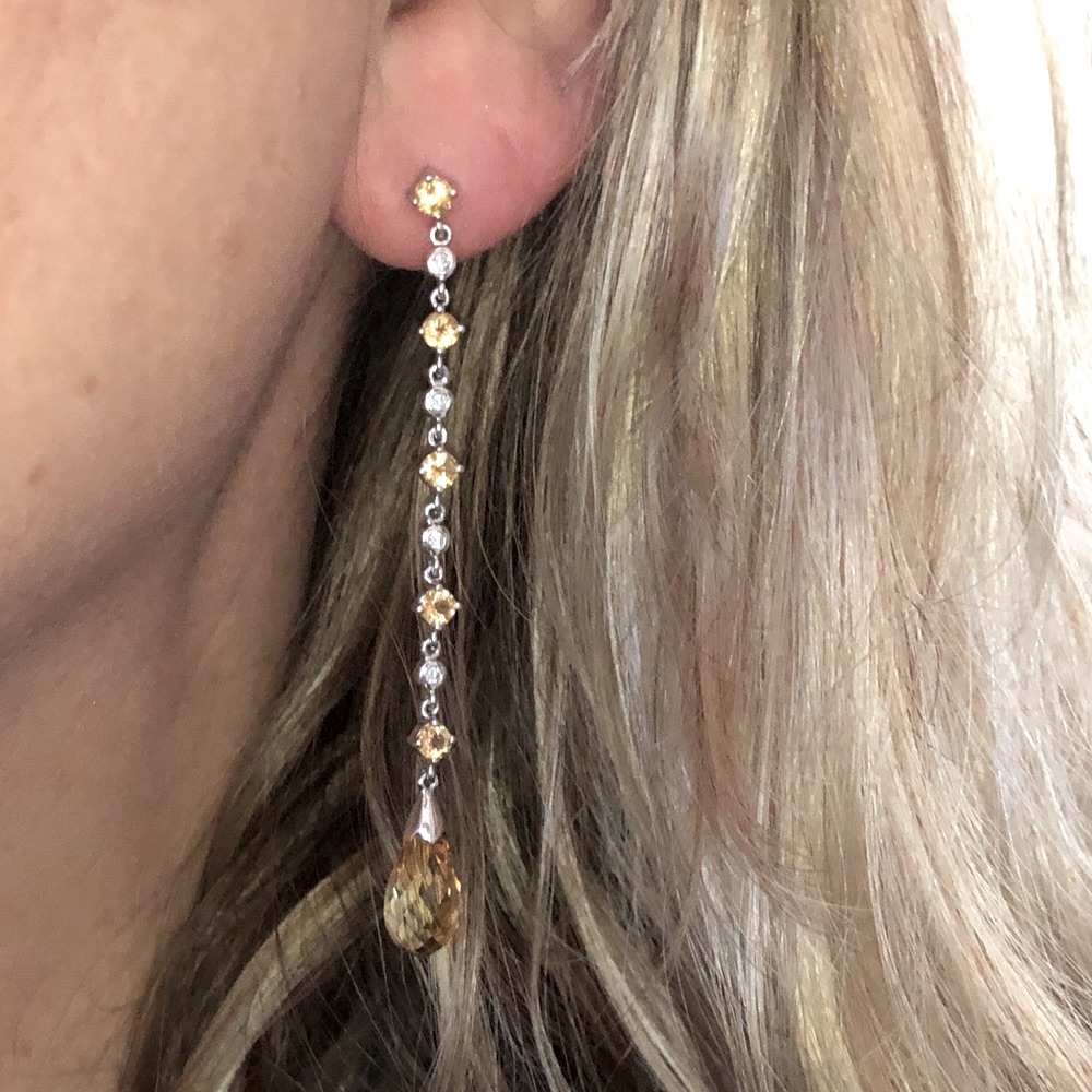 Solid 14k White Gold Natural Diamond Bezel Citrine Drop Dangle Estate Earrings